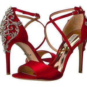 Badgley Mischka Karmen Red Satin Crystal Jeweled Heels Size 6